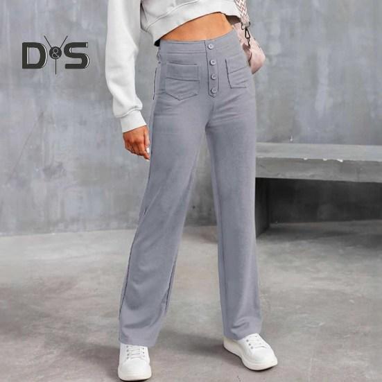 Women Pants Solid Color Elastic Waist Straight Leg Casual Trousers with Multi-Pocket Design Leisure Long Pants