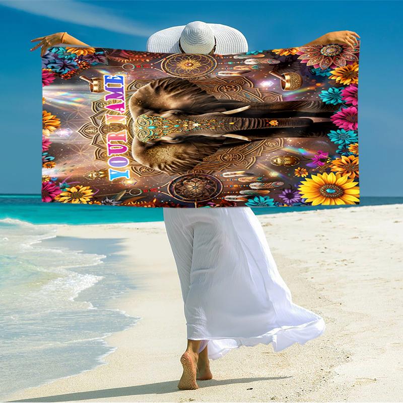 1PC Custom Name Ethereal Elephant Dreamscape Beach Towel Highly Absorbent And Sand-Resistant Towel for Swimming, Pool, Yoga, And Travel Lightweight