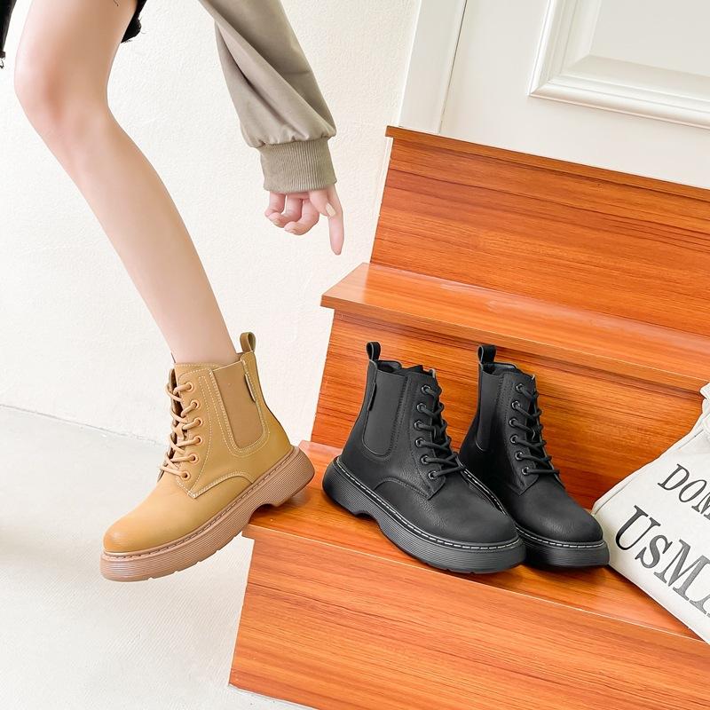 Fashion Women Ankle Boots Platform Leather Boots Side Lace-up Round Toe Winter Ladies Warm Shoes Retro Motorcycle Botas Mujer