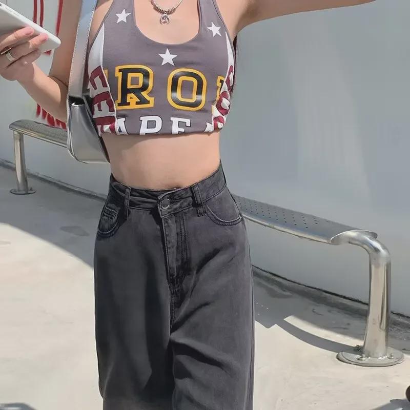 Женские широкие джинсы с высокой талией и градиентом черного цвета (Летняя коллекция 2024 г.)