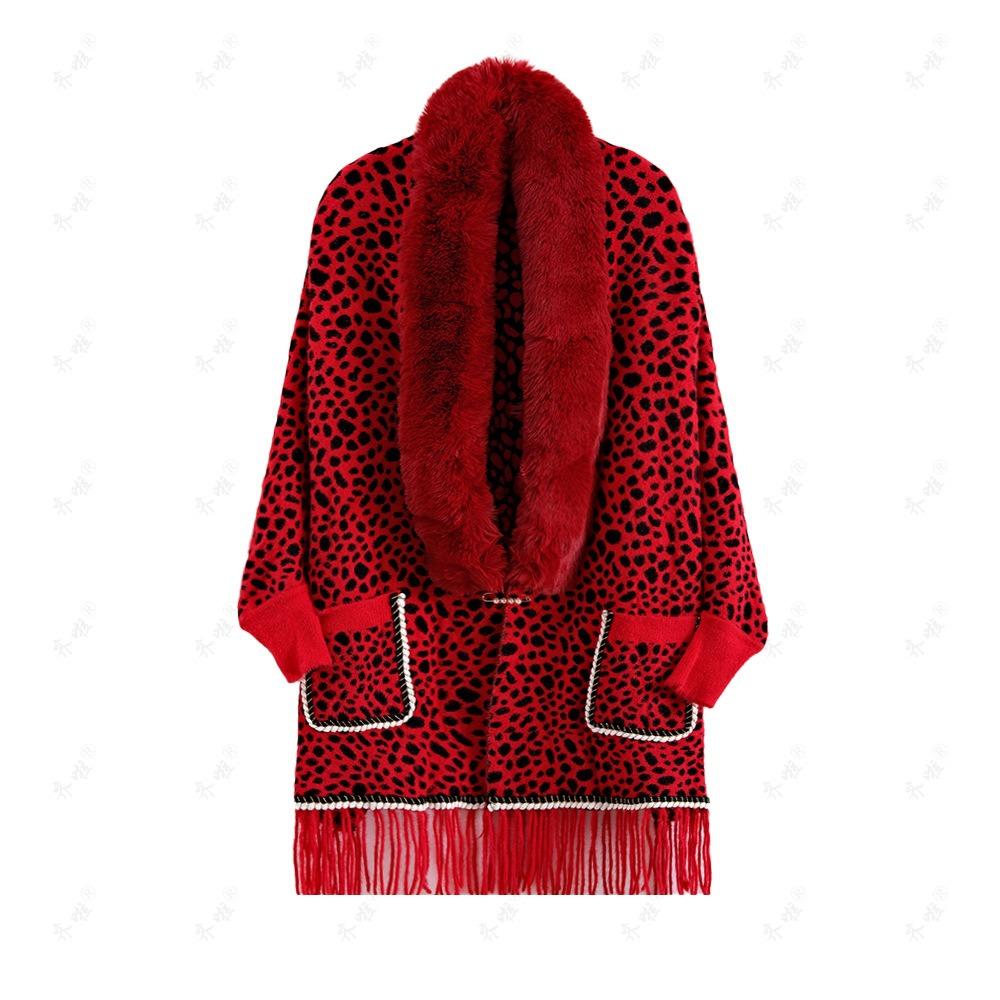 Осенне-зимний воротник из искусственной норки с карманами на рукавах, леопардовый принт, шаль, накидка, шарф с бахромой, женский вязаный свитер
