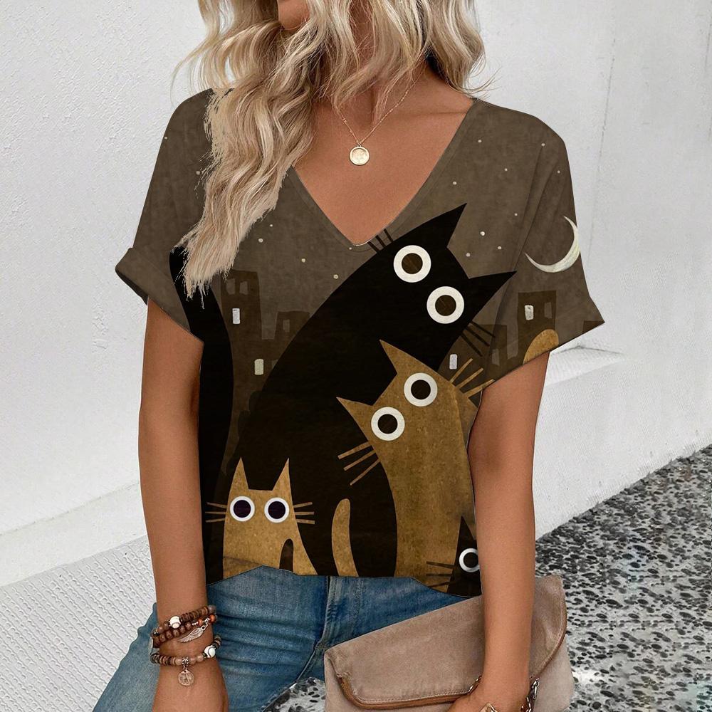 Футболка Summer Funny Cats 3D Print, женская уличная одежда, повседневные футболки, топы Y2k, женские футболки Harajuku с V-образным вырезом, свободная одежда