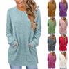 Women's Fashion Loose-Fit Round Neck T-Shirt Solid Colour Pocketed Long-Sleeved Top