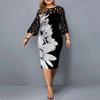 Autumn Winter Fashion Sexy Design Plus Size Hip Package Dress Women Lace Print Hollow Out Bodycon Dress Oversized Chic Vestidos