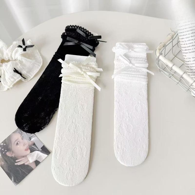 Lolita Socks for Women's Spring and Summer, Bow Lace Lace, Solid Color Pile Socks, Breathable Mid-calf Socks