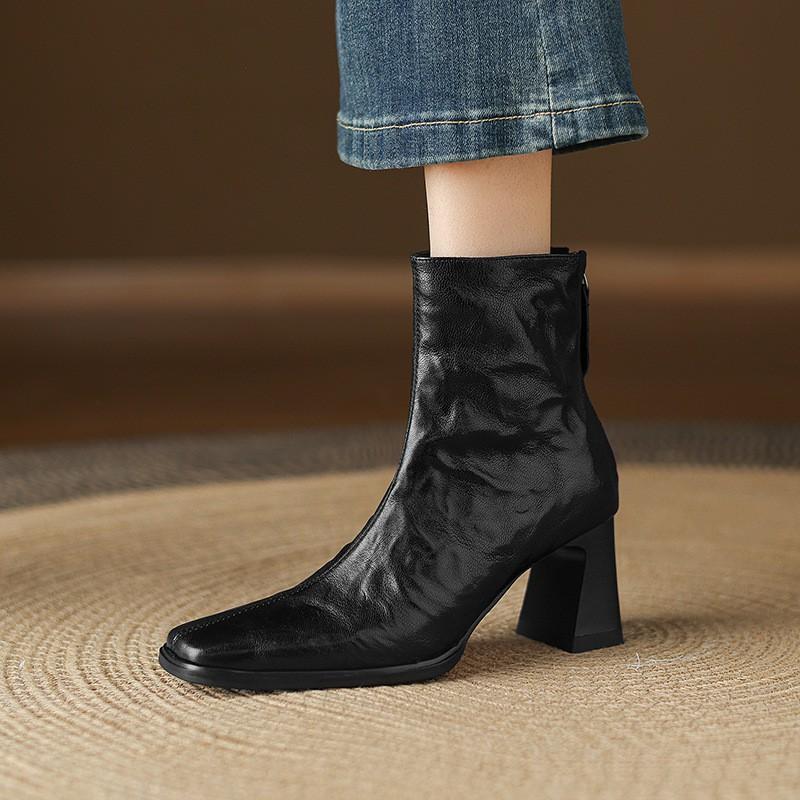 Womens Square Toe Chunky Heel Ankle Boots Slim Fit Fall Winter
