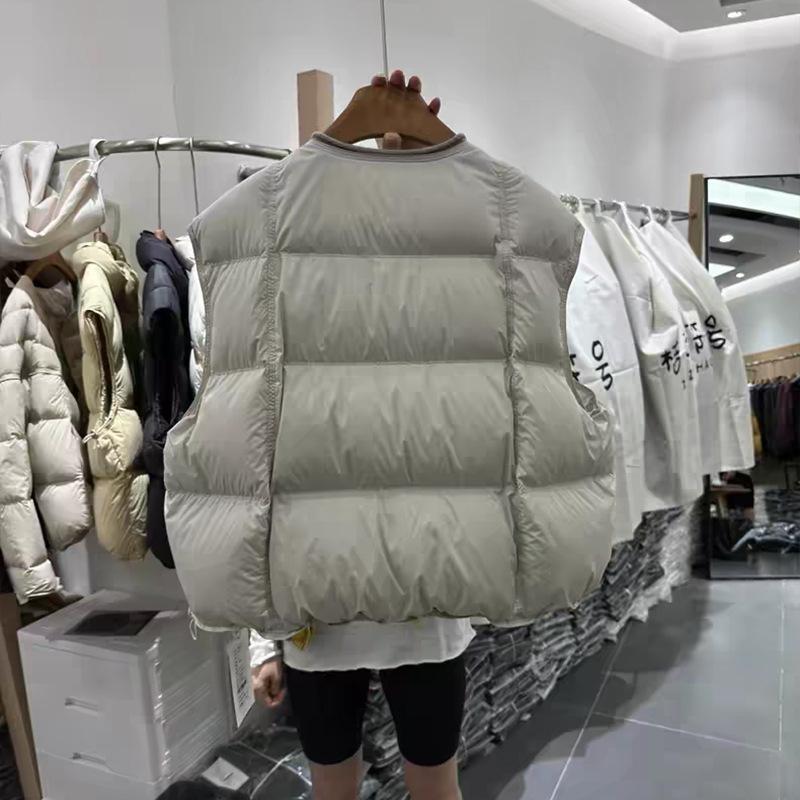 New European autumn and winter round neck drawstring sleeveless cotton vest jacket versatile loose warm vest jacket