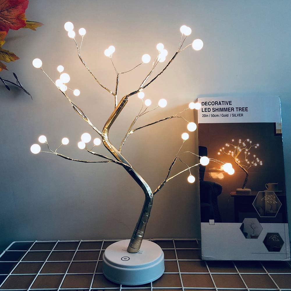 GUOCHENG Bonsai Tree Light LED Battery&USB Pearl Tree Table Lamps 19.69 inch with 36 Warm White Leds Fairy Lights Decor for Valentine's Day Party