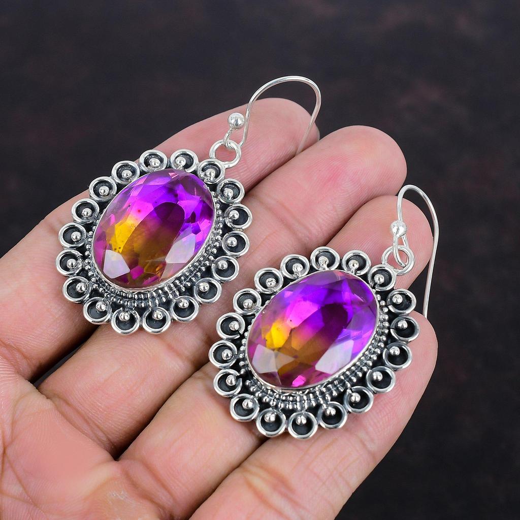 Серьги с граненым аметрином, серьги с натуральным драгоценным камнем, потрясающие ювелирные изделия, серьги из стерлингового серебра 925 пробы, ювелирные изделия ручной работы, висячие серьги, подарки для нее