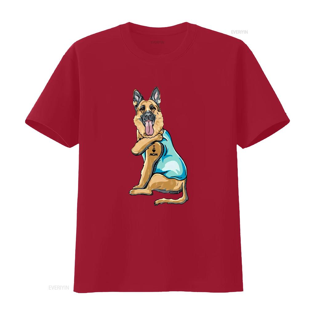 Funny Cartoon GerUnisex Shepherd I Love Mom Tattoo Print Casual T Shirt vintage Washed homme graphic designer clothes Stylish