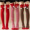 Christmas Green Red Women Cotton Stocking Striped Over The Knee Bowknot Long Socks