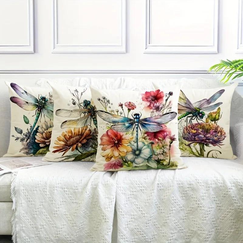 Dragonfly Floral Pattern Printing Pillowcase Living Room Sofa Chair Cushion Cover Home Bedroom Room Decoration 45x45cm