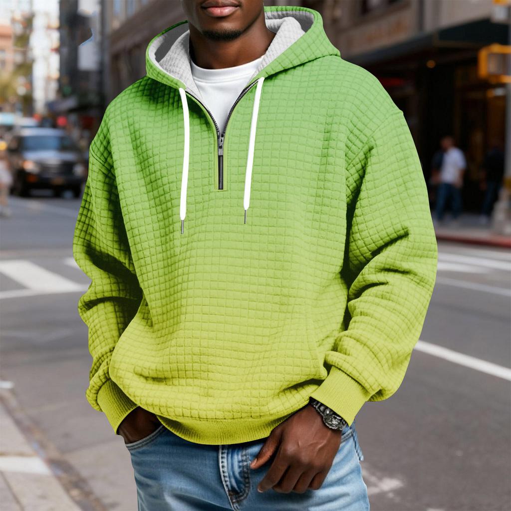 Мужской худи-пуловер в клетку с капюшоном на молнии до середины, со шнурком и принтом, повседневная спортивная толстовка