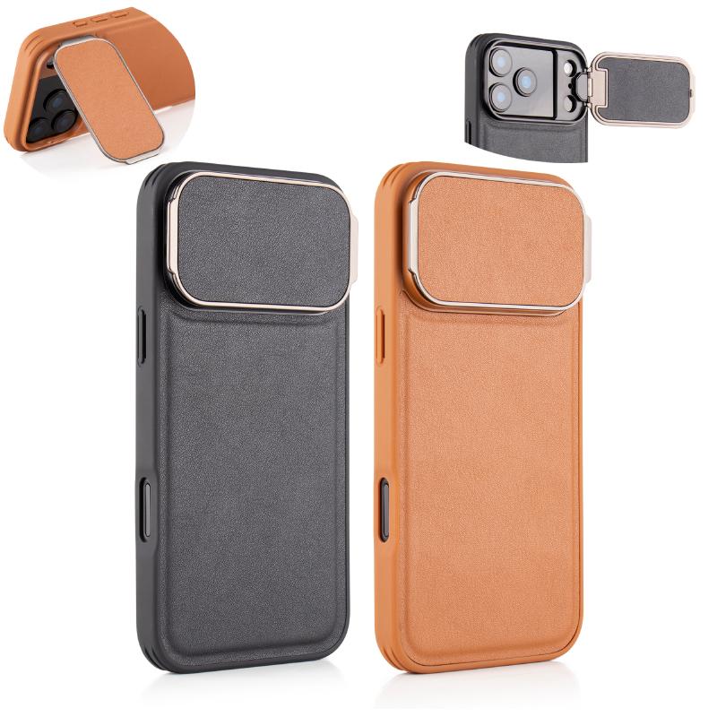 Metal Flip Bracket Protection Camera Lens Shockproof Leather Phone Case For 17 Pro Max 15 16 Pro Max Bumper Back Cover
