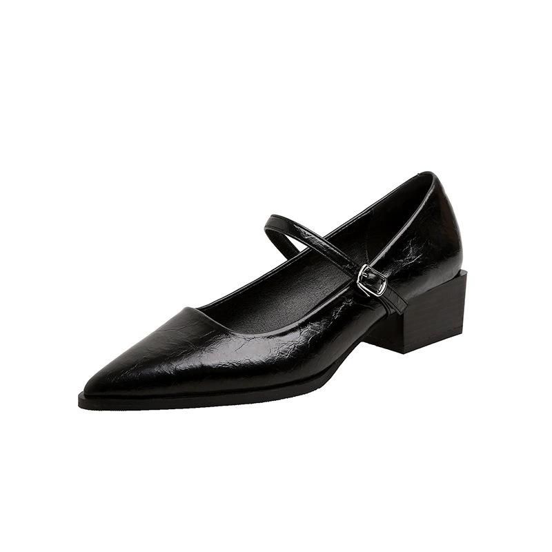 Версия из коровьей кожи~ Остроносые туфли с характером 2025 новая весна-осень пряжка-ремешок открытый носок черный офисные туфли на толстом каблуке женские