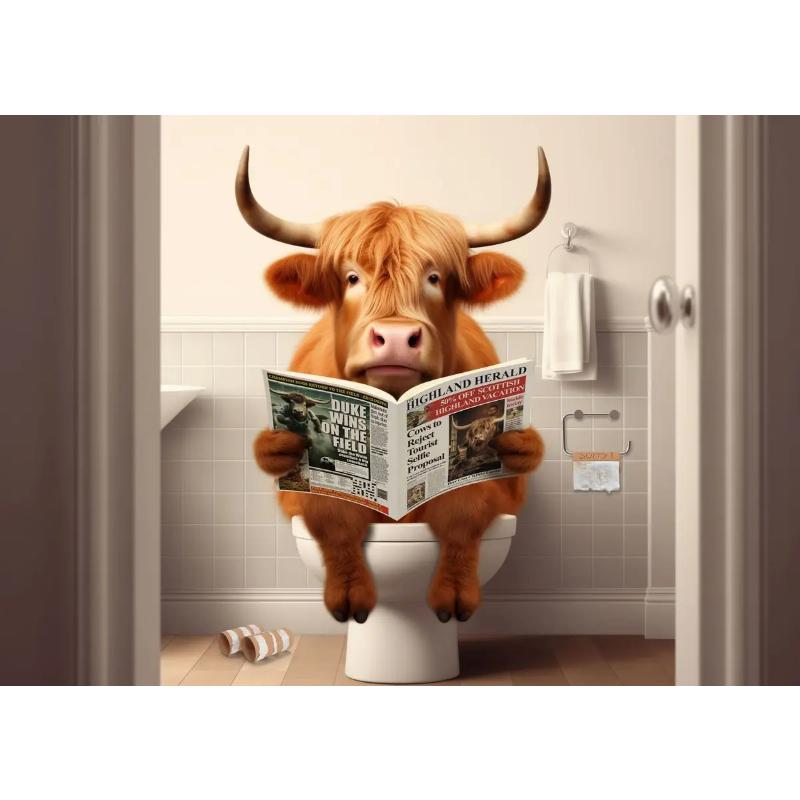 Современный лев, собака, хайленд, сидящая на унитазе и читающая газету, плакат, забавный принт с животными, картина на холсте, декор для ванной комнаты, картина