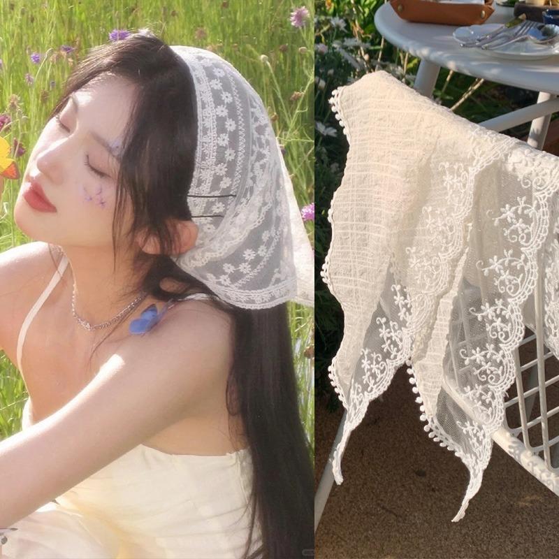 New Korean Sweet Lace Flower Triangle Hair Scarf Women Square Scarf Headband Pastoral Headdress Summer Seaside Hair Accessories