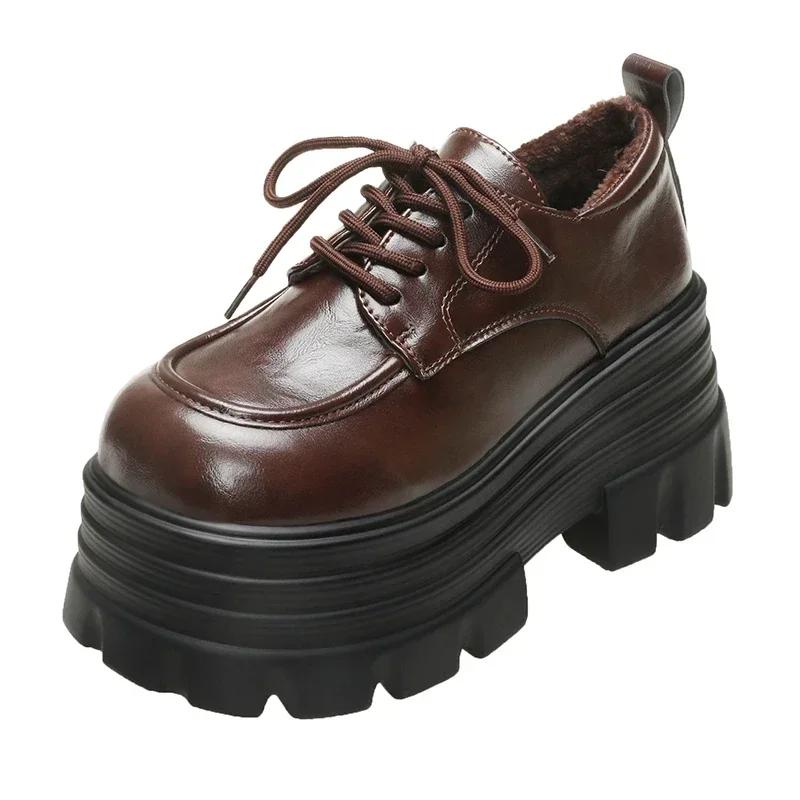Модные 9 см Новые Женские Зимние Теплые Кроссовки На шнуровке Высокая Платформа Кожаная Обувь Женская Готическая До щиколотки Рок Ботинки Толстая Подошва Меховая Обувь
