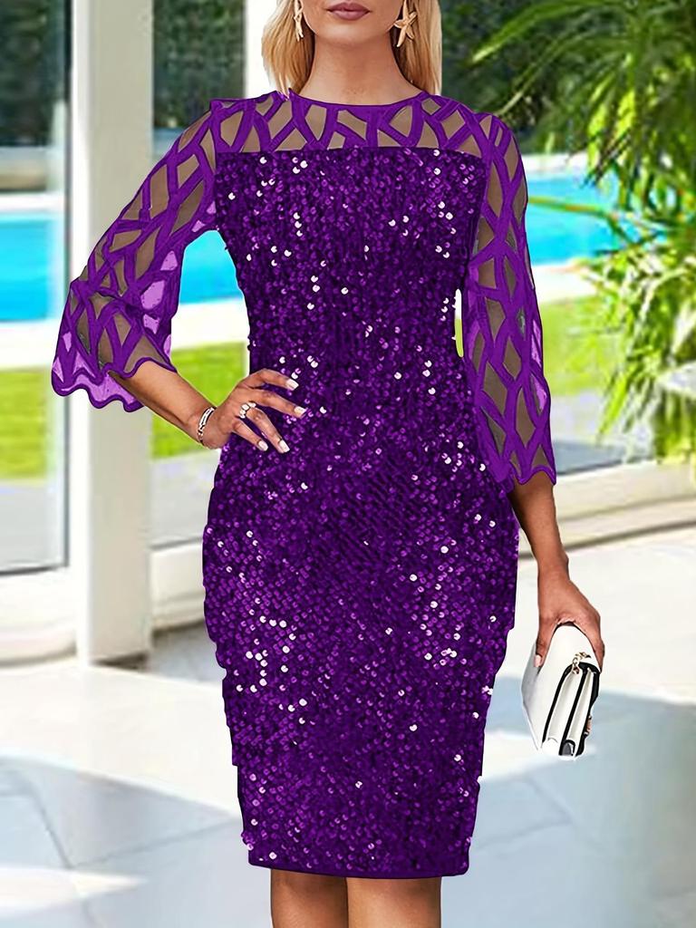 Европейское и американское блестящее сетчатое платье в обтяжку для вечеринок с рукавами три четверти