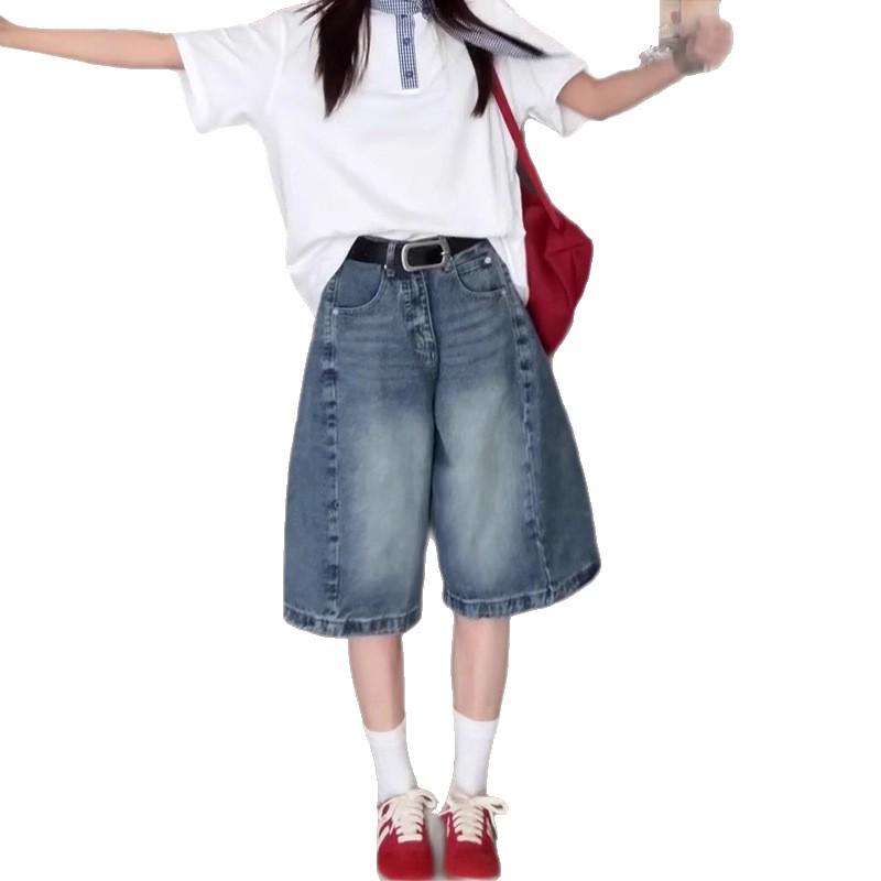 Женские джинсовые шорты больших размеров с высокой посадкой в стиле ретро, свободного кроя, средней длины, слим-фит, прямого кроя, летний стиль.