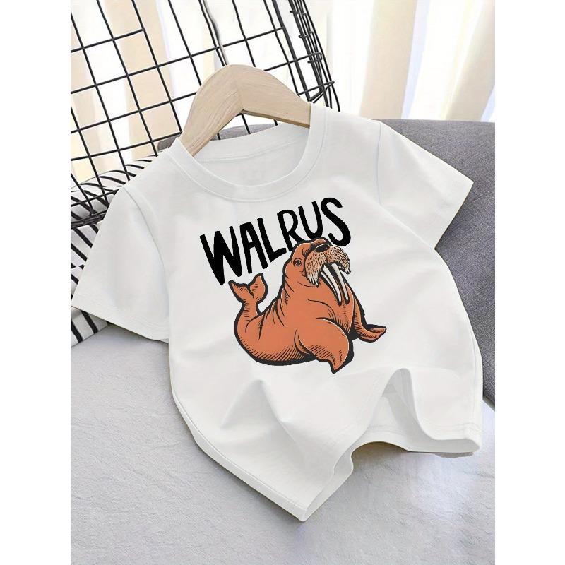 European sizes WALRUS Cotton Girl T-shirt Girl Creative T-shirt, Casual Lightweight Comfortable Short-sleeved Top, Summer Children's Clothing