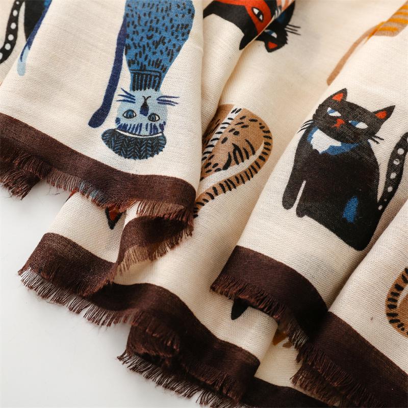 Осенне-зимний хлопково-льняной шелковый шарф: Модный шарф с мультяшным принтом котенка для женщин