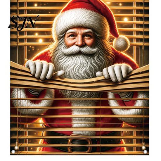 Christmas Party Background Decor Window Cover Banner with Santa Claus and Elk Patterns, Xmas Winter Holiday Home Peeking Ornament, Wall Hanging