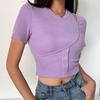 Women Crop Top Solid Color Button Ribbed Short Sleeve T-shirt