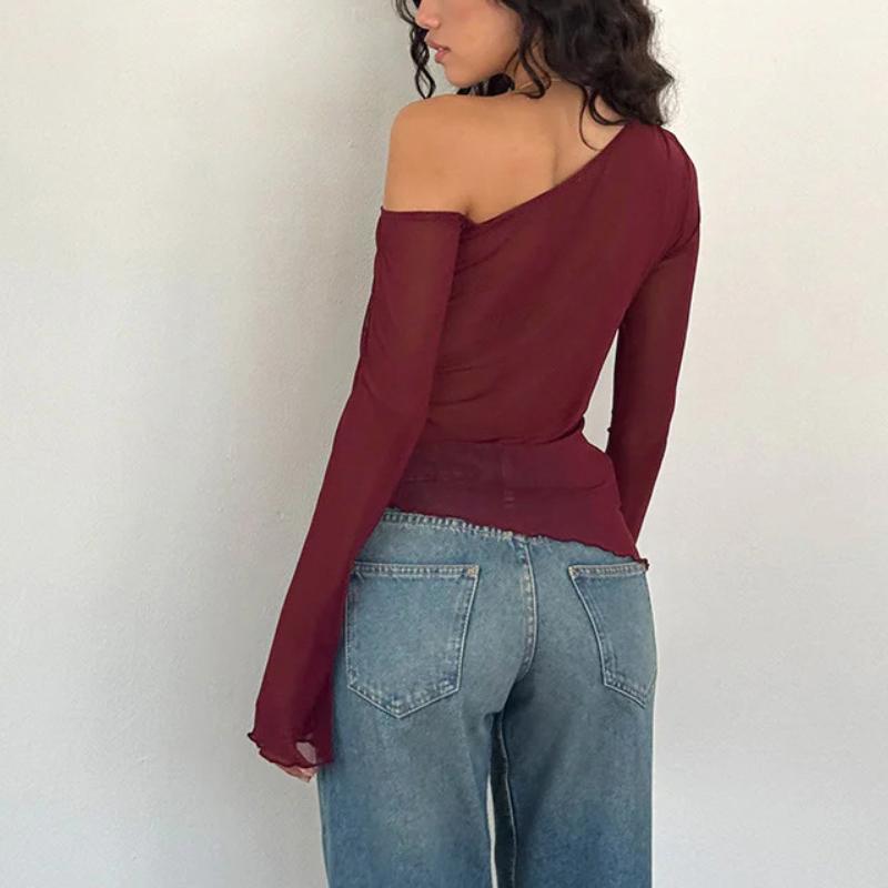 Европейский и американский диагональный воротник, расклешенные рукава, сетчатый прозрачный топ Y2K, сексуальный облегающий летний женский топ