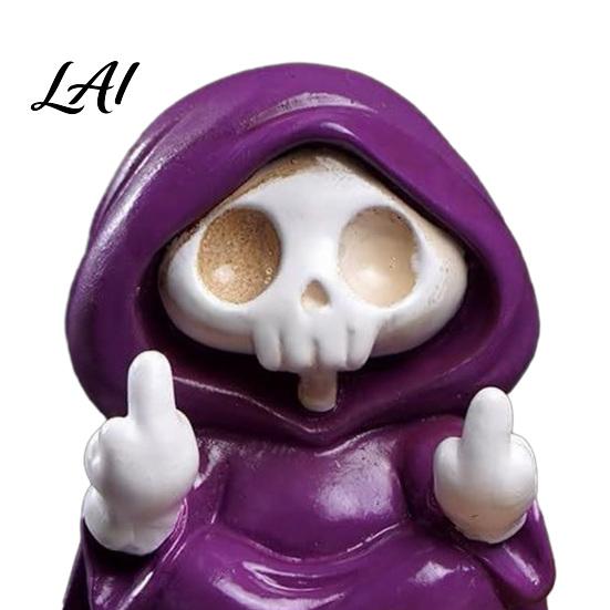 Holiday Skeleton Figurine Purple Robe for Halloween Middle Finger Walking Dog Sculpture Resin Statue Gothic Ornament Tabletop Display Figure