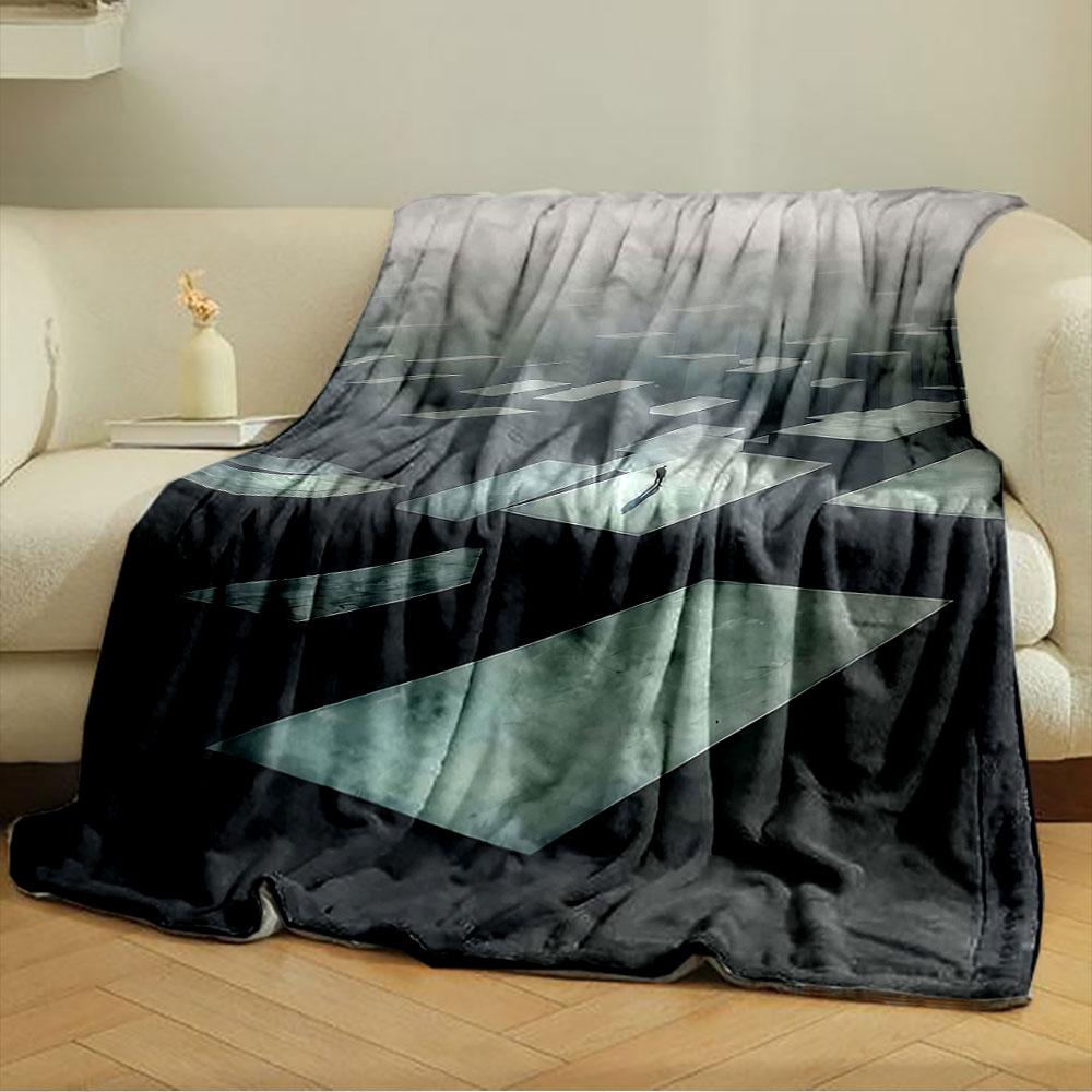 A person stands amidst large rectangular blocks in a foggy, surreal scene. for all seasons blanket lunch break throw gift