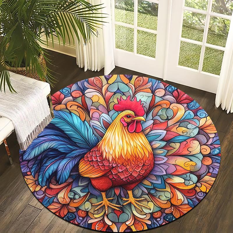 colorful style of the rooster Flannel-printed round floor mats are slip-resistant Suitable living room terrace garden carpets