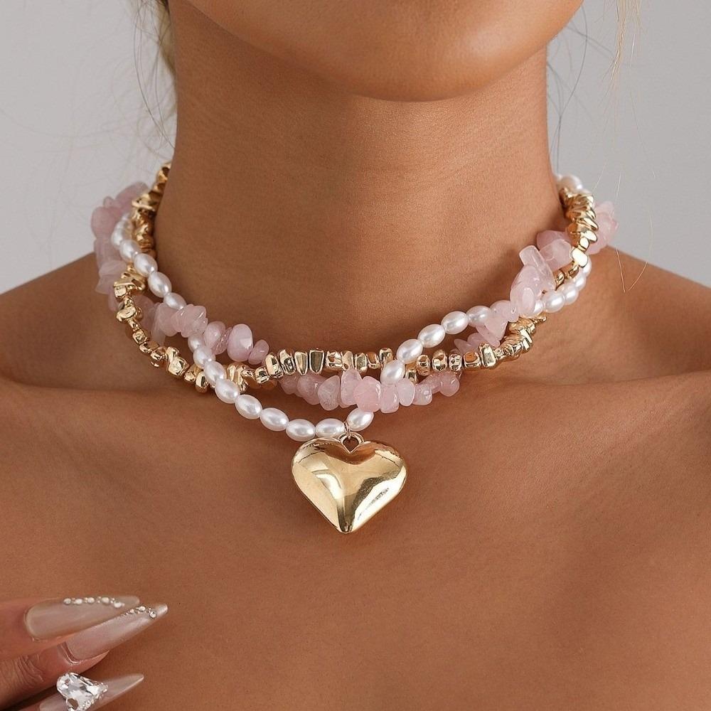 Beaded Gold Plated Pendant Necklace Pink Gold Clavicle Chain Fashion Baroque Pearl Choker Gift