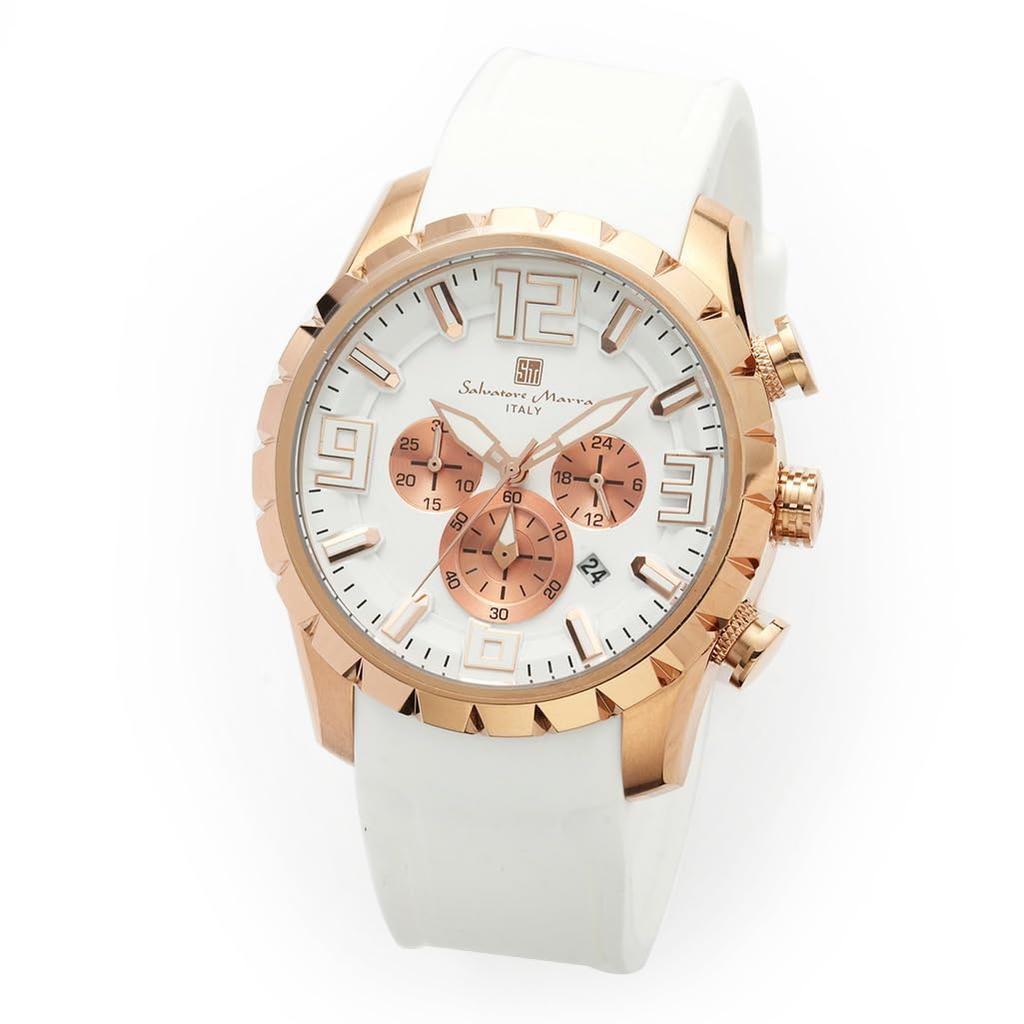 Genuine Salvatore Marra Salvatore Marra Water Resistant To 10 Date Rubber PGWHWH Watch, SM22111-PGWHWH, ATM, Display, Chronograph, Strap,