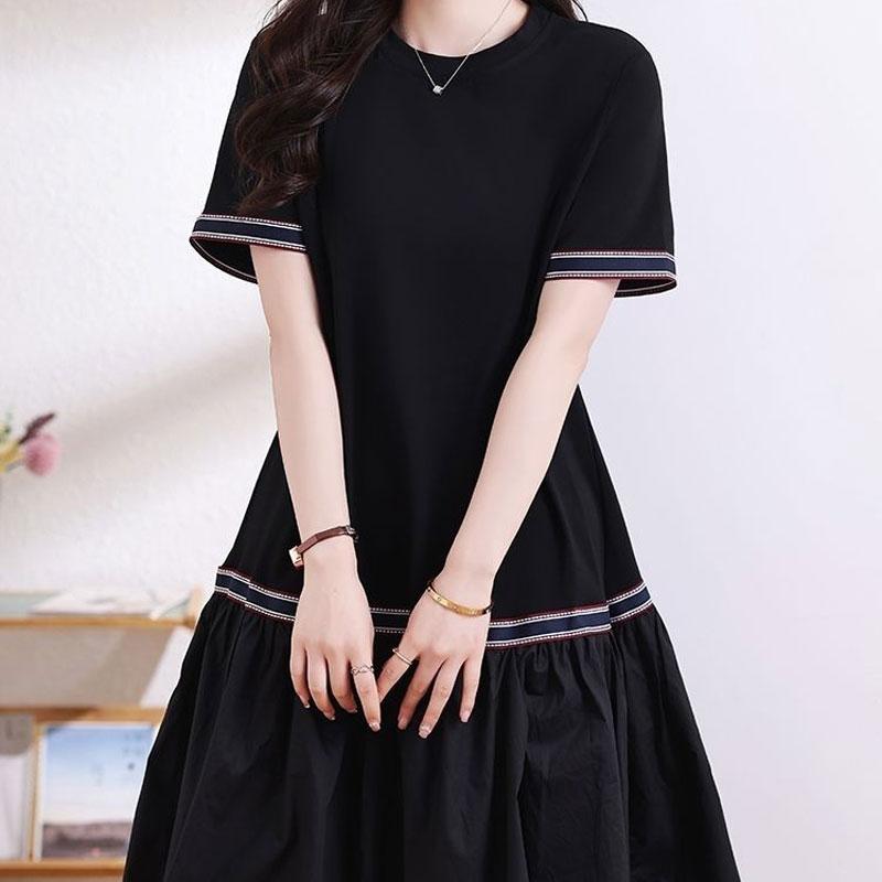 Basic Casual Loose Dresses Bright Line Decoration Summer Short Sleeve A-Line Korean Spliced Midi Dress