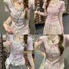 Plain Weave T Shirt With Lace Embroidery For Summer Casuals