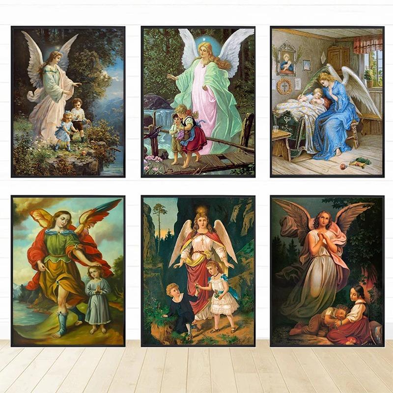 Vintage Guardian Angel Canvas Printmaking Gallery Decoration Angel Mom and Children Living Room Home Canvas Painting Wall Art