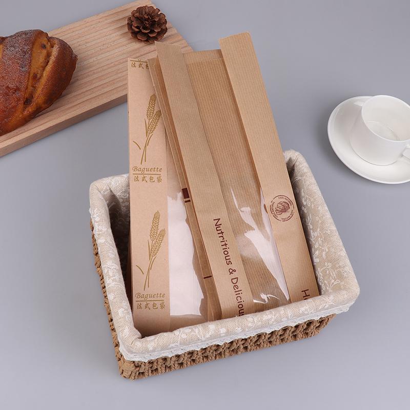 10Pcs Oil Proof Kraft Paper Long Bread Bags With Transparent Window Baguette Baking Packaging Bags For Birthday Party Event