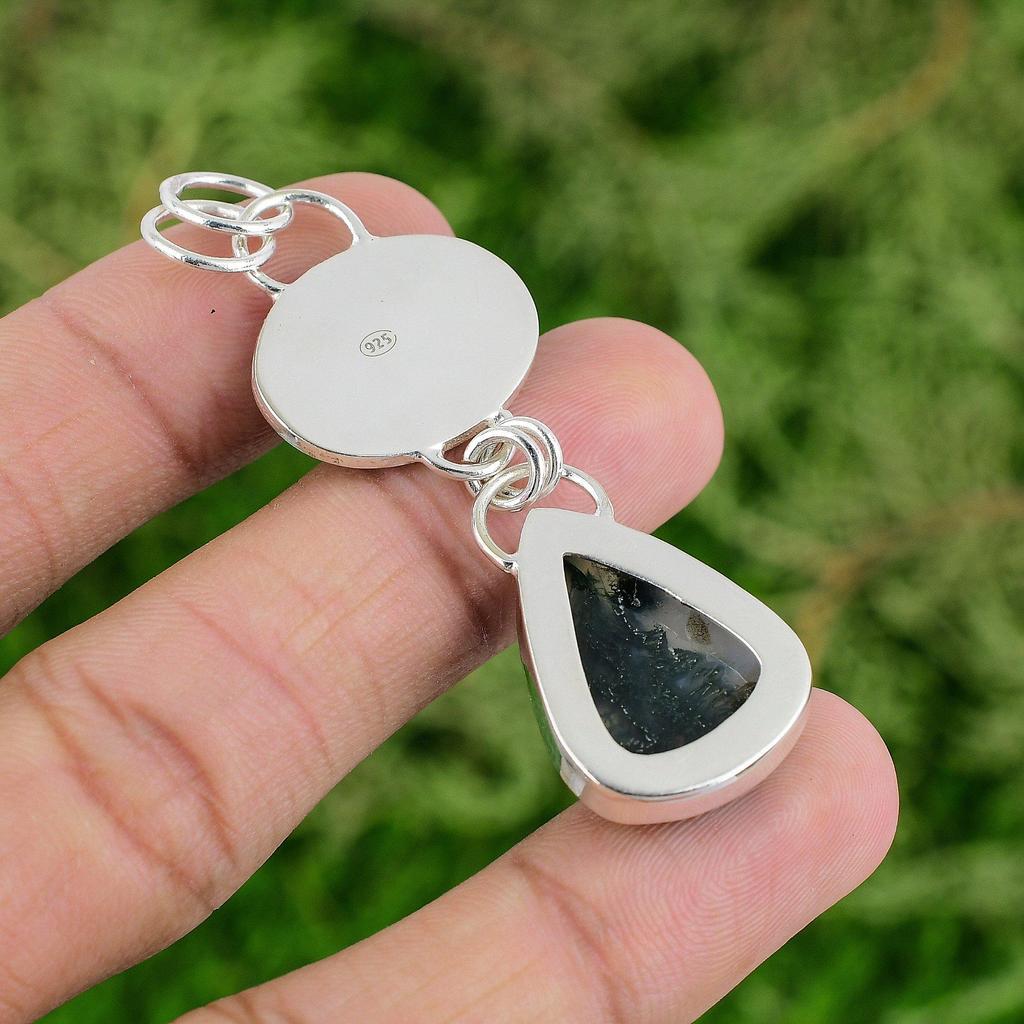 Daughters Day Deal Pear Solar Moss Agate Gemstone Bezel Pendant Sterling Silver