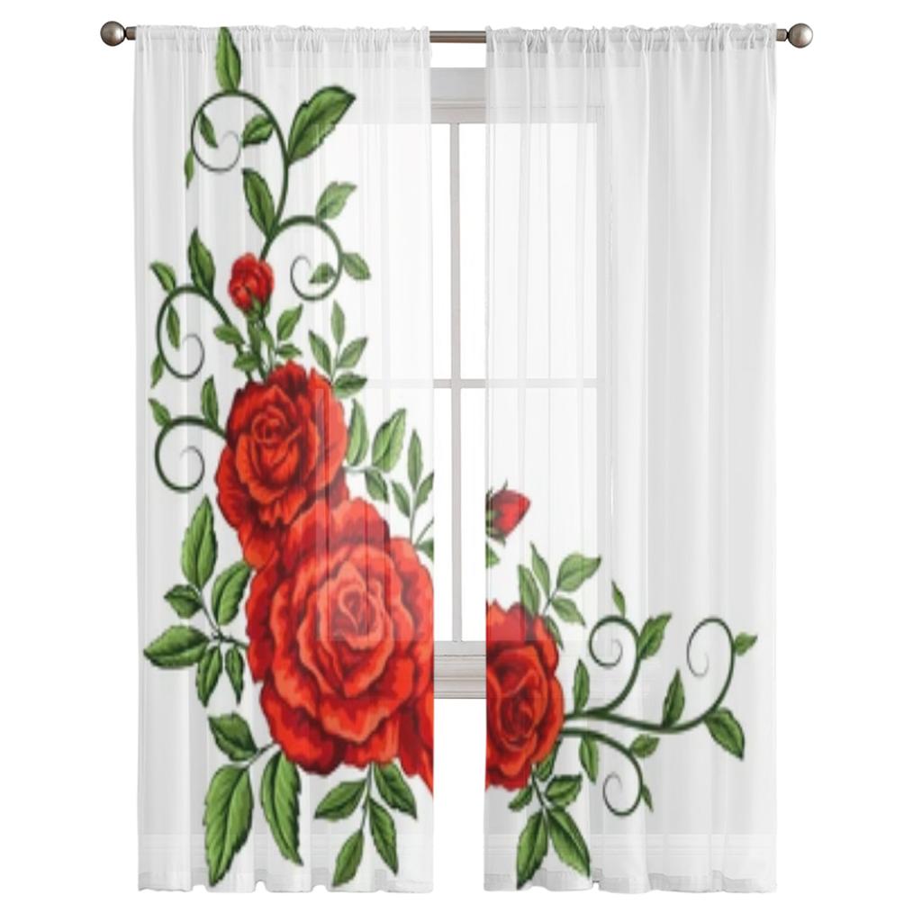 Красные розы, красивые прозрачные оконные шторы для гостиной, спальни, современная вуаль, тюлевые шторы, тканевые шторы для кухни