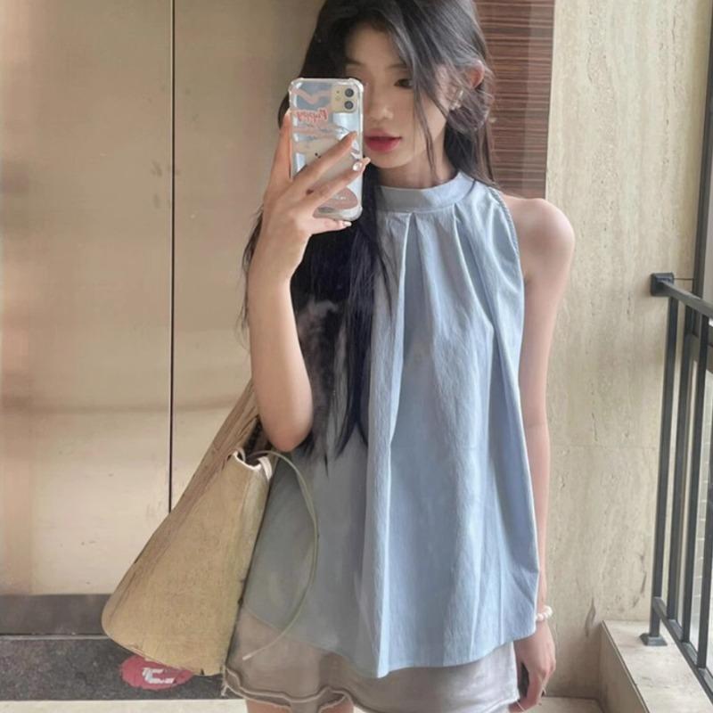 Spring and Summer Women's New Sleeveless Neck Fashion Round Neck Pleated Top