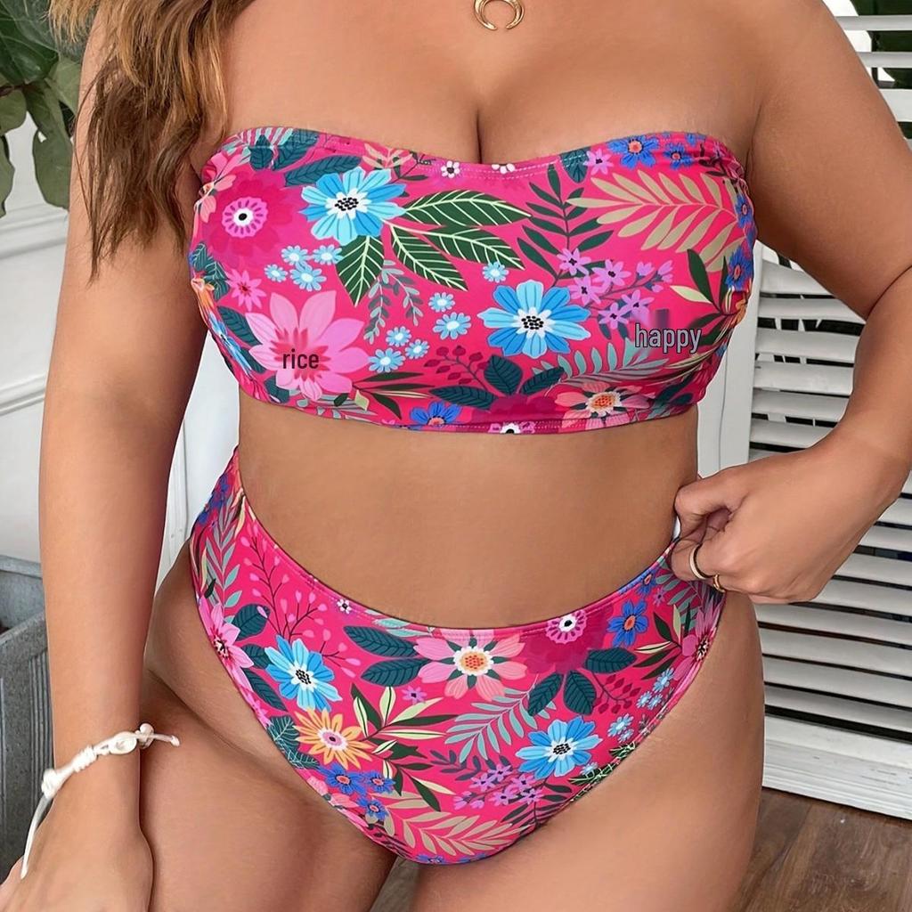 Купальник-бандо с высокой талией большого размера 2024 - Европейский и американский принт