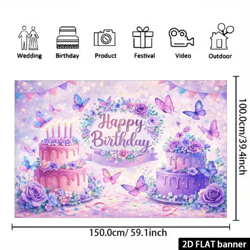 2D Watercolor Butterfly Happy Birthday Backdrop, Girls Birthday Party Banner