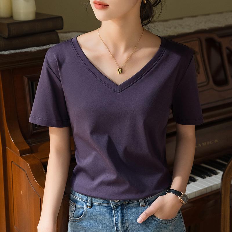 80 Двусторонняя футболка из мерсеризованного хлопка с короткими рукавами для женщин, новая женская футболка из чистого хлопка с V-образным вырезом, закрывающая живот
