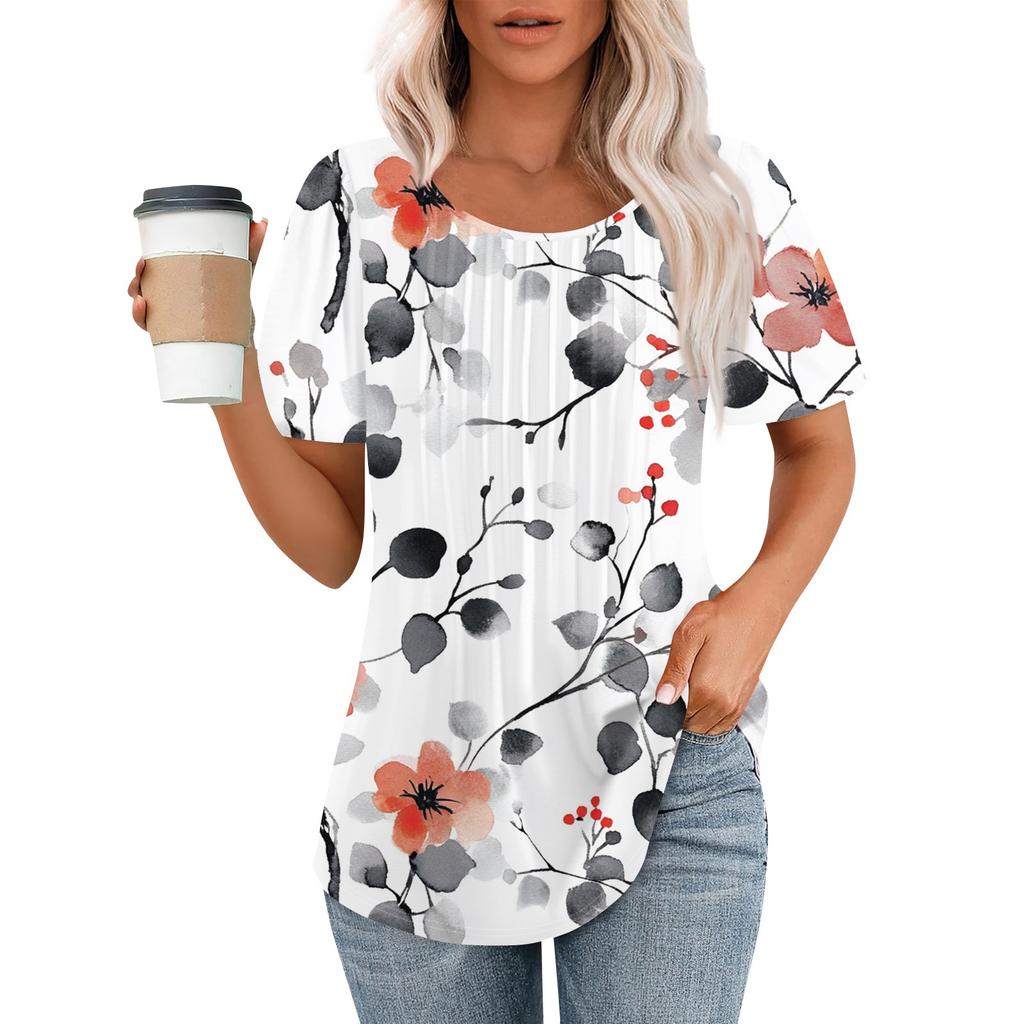 Женская модная повседневная плиссированная футболка в полоску с круглым вырезом и цветочным принтом с короткими рукавами, топ