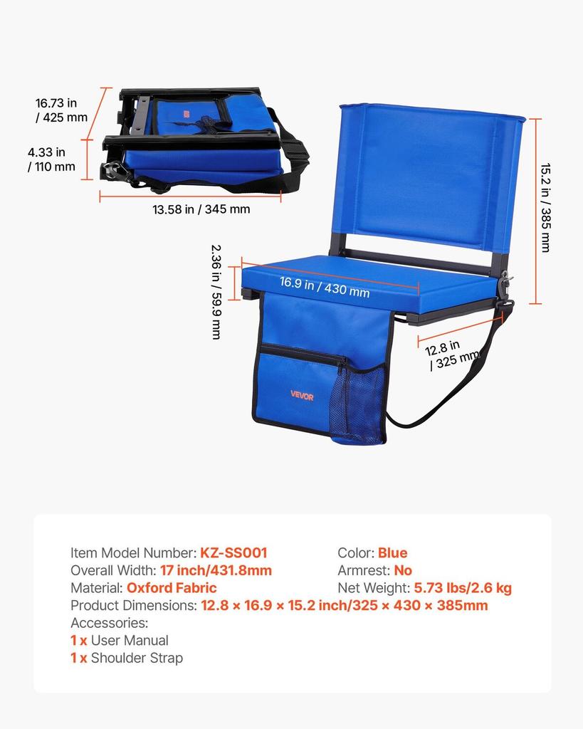 Stadium Seat, Folding Bleacher Chair with Back Support and Thick Cushion, Padded Stadium Seat for Bleacher Includes Shoulder Strap, Hooks, Cup Holder,