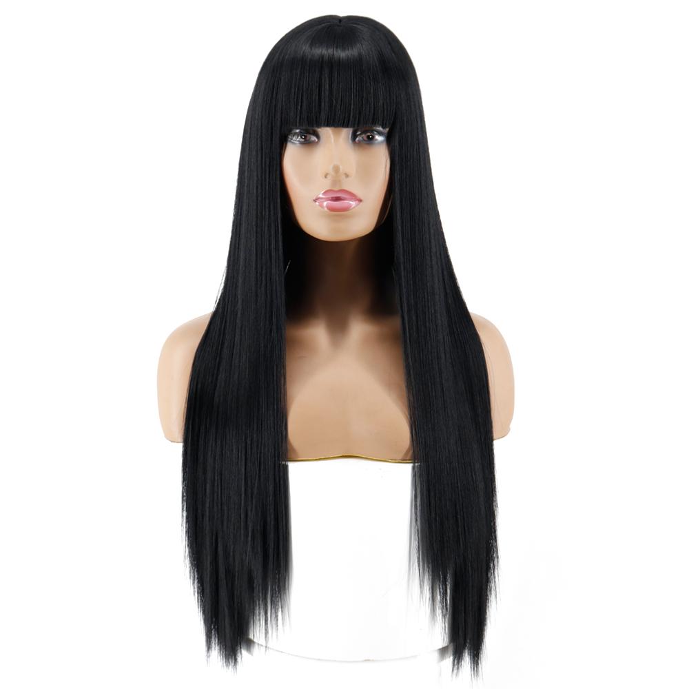 MISS WIG Длинный прямой парик Косплей Черный Серый Парик для женщин с челкой Парик из синтетического высокотемпературного волокна