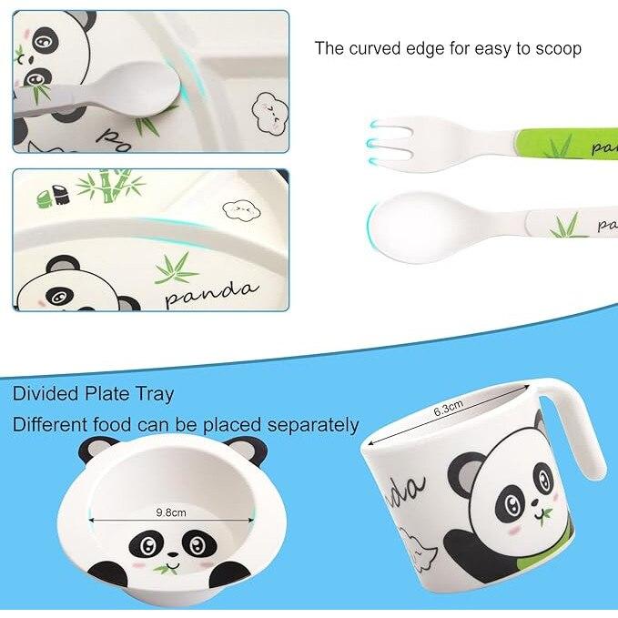 5-Piece Bamboo Panda Baby Feeding Set, Natural Eco-Friendly Reusable Plate Bowl Spoon Fork, Cute Toddler Kitchen Accessories