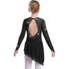 Girls Lyrical Dance Dress Sheer Mesh Long Sleeves Cutout Back Design with Sparkly Rhinestones Asymmetric Hem Skirt