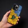 V-Van Gogh Starry Night Sunflower Cat Phone Case For iPhone17, 16,15,14,13,12 Pro Max Black Candy Matte Shockproof Cover